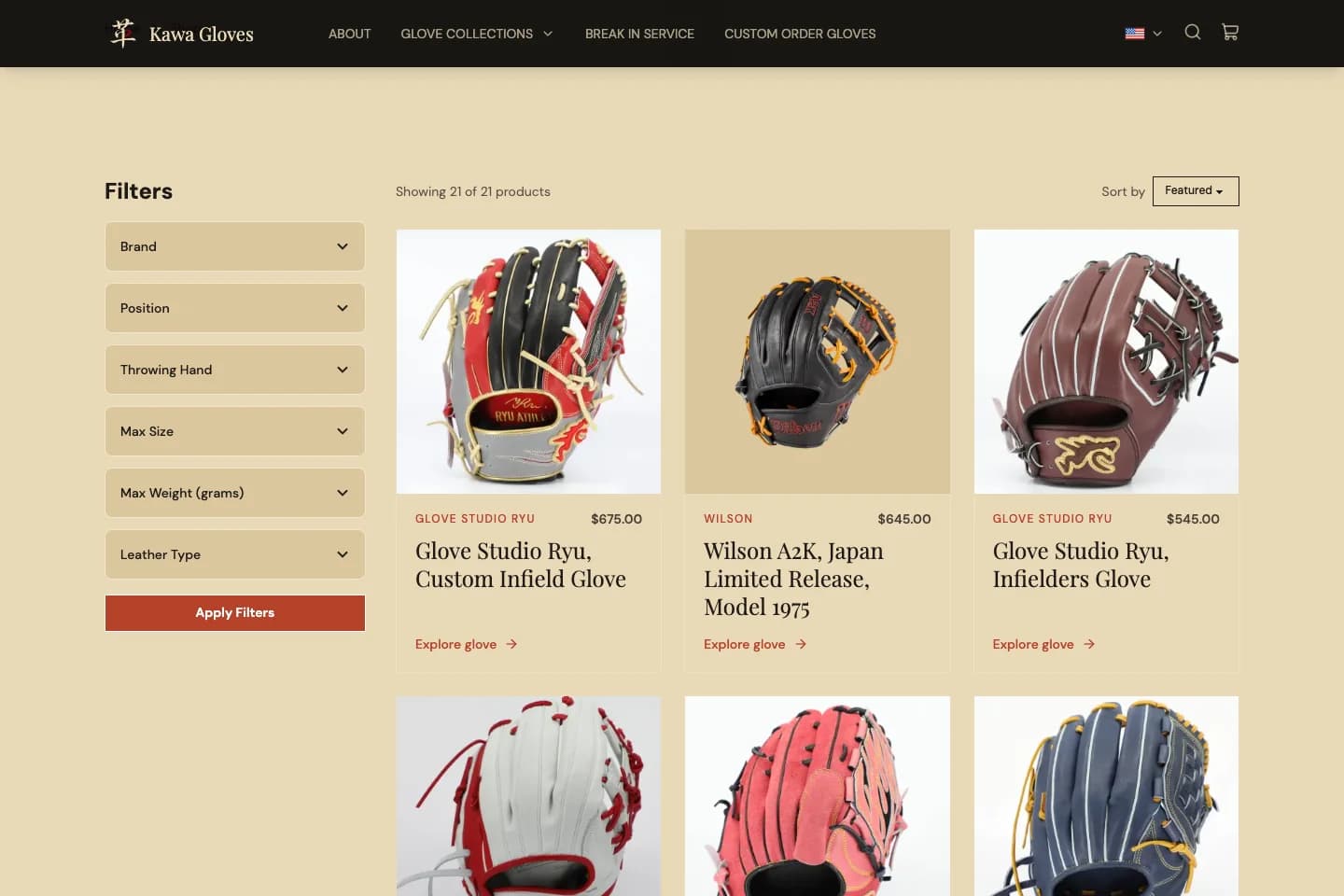 Kawa Gloves public glove catalog with product discovery controls, desktop view.