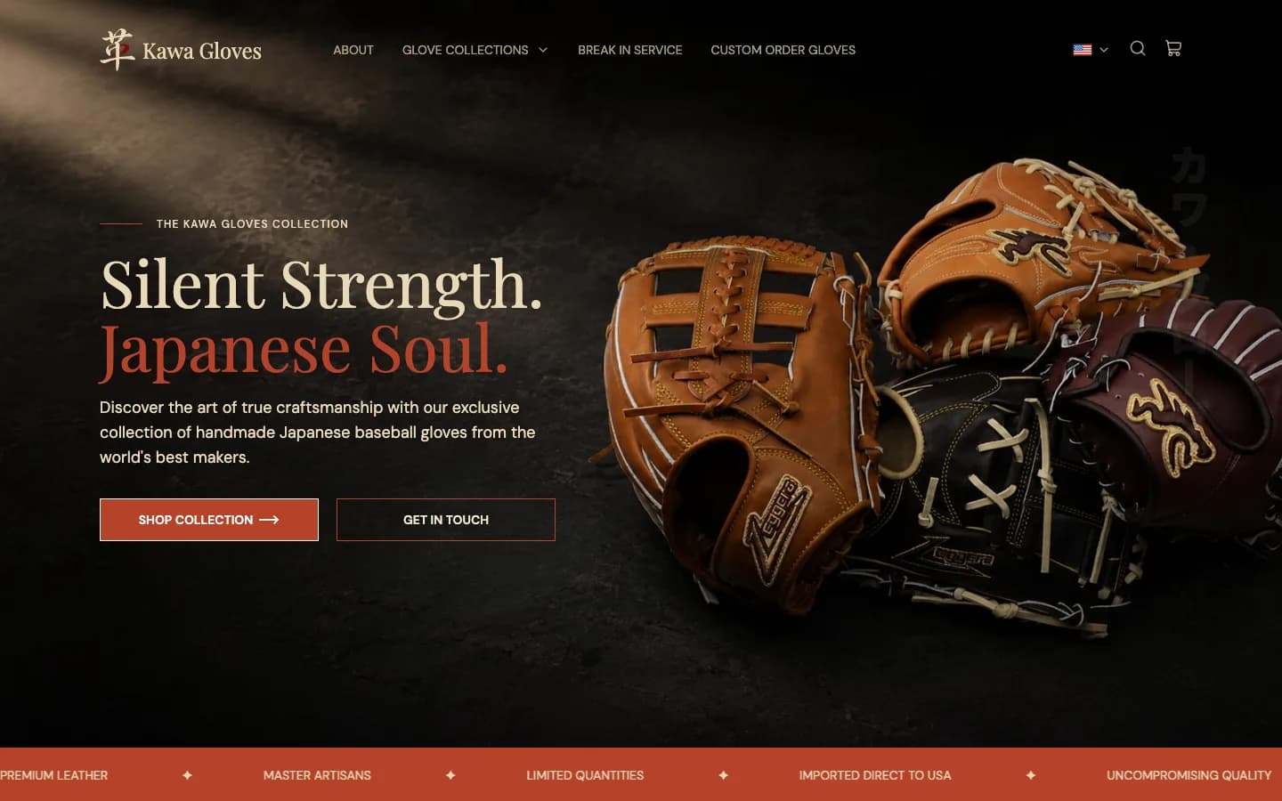 Kawa Gloves live storefront showing Japanese baseball gloves and collection navigation.