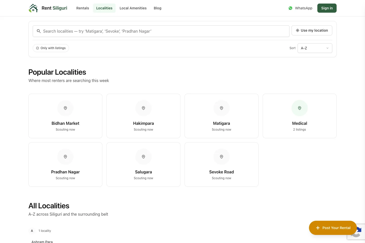 Rent Siliguri public locality discovery page, desktop view.