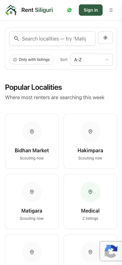 Rent Siliguri public locality discovery page, mobile view.
