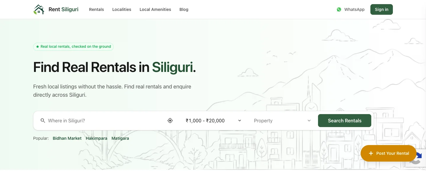 Rent Siliguri public rental search with locality, budget and property type options.