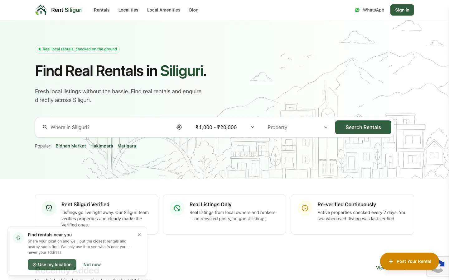 Rent Siliguri live website showing rental search by locality, budget and property type.