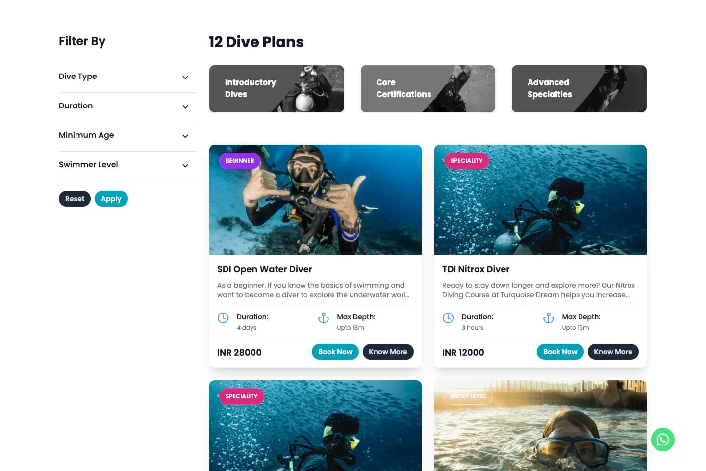 Turquoise Dream public dive program discovery page, desktop view.