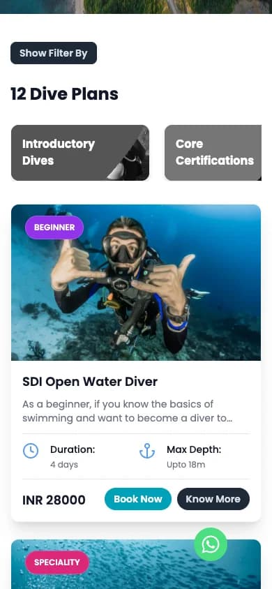Turquoise Dream public dive program discovery page, mobile view.