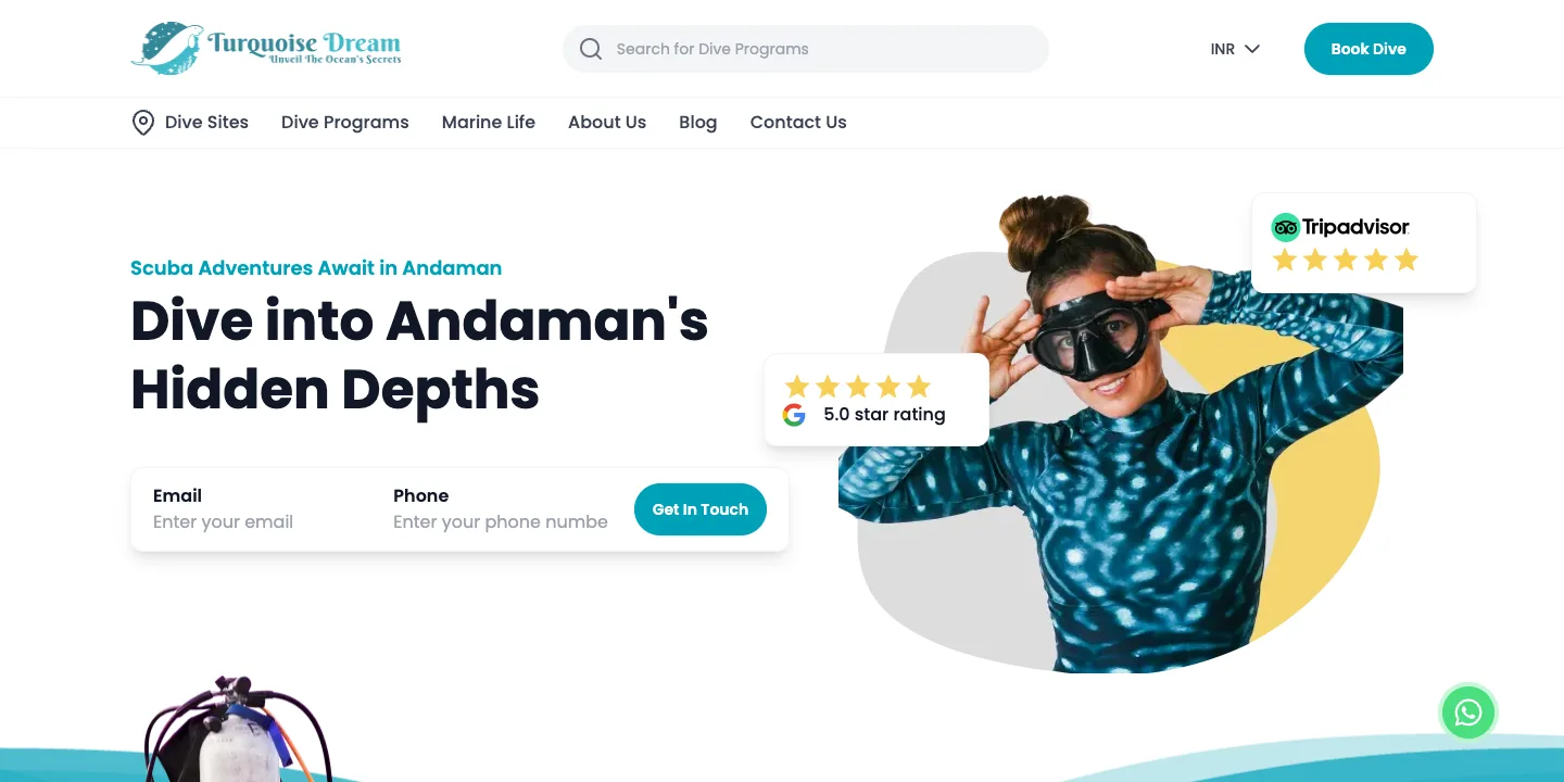 Turquoise Dream live website introducing scuba diving and dive programs in the Andaman Islands.